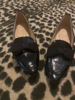 Adrienne Vittadini Black Patent Pointed-Toe Bow Flats
